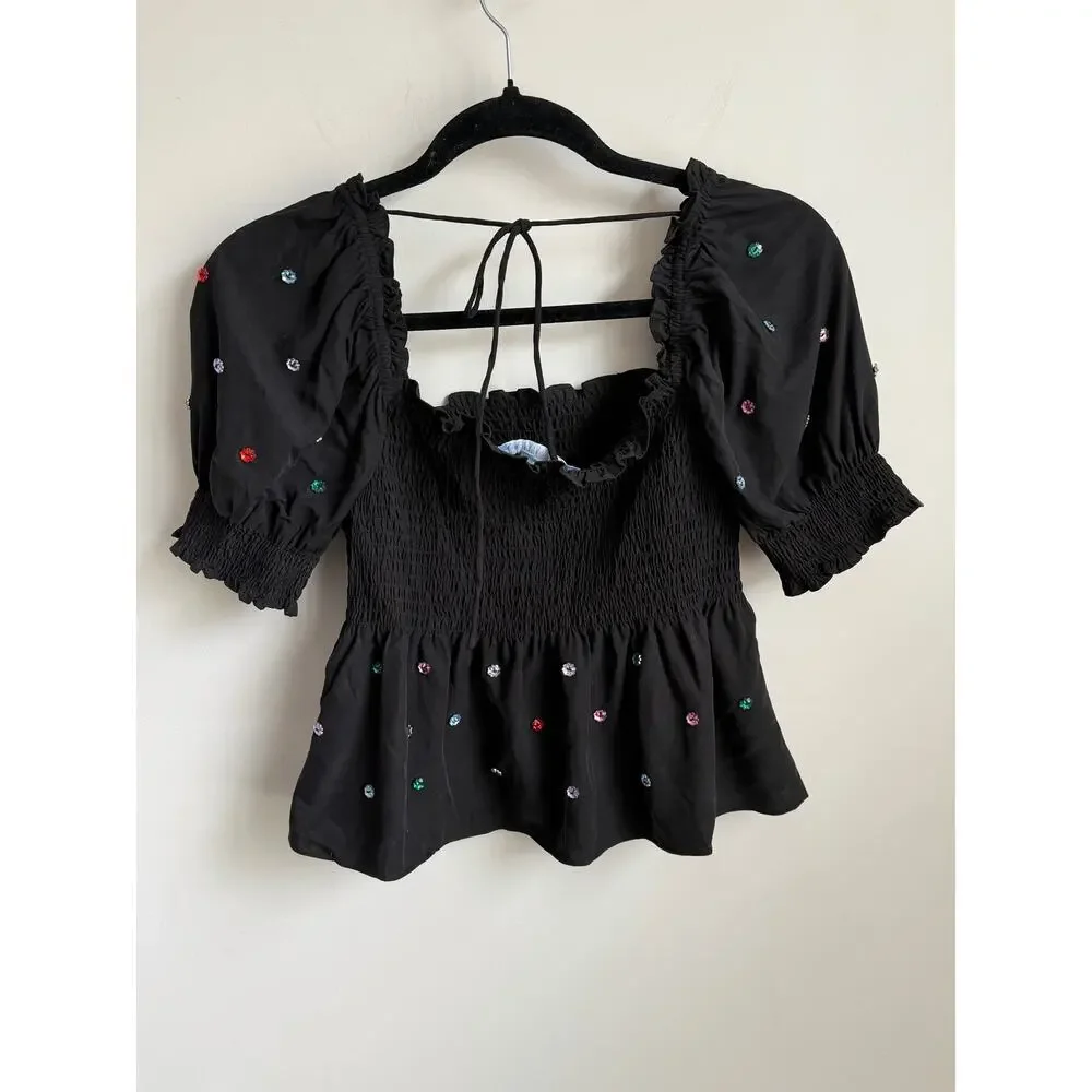 Hill House Home Jewel Jammie Puff Sleeve Smocked Peplum Blouse Top Black Small